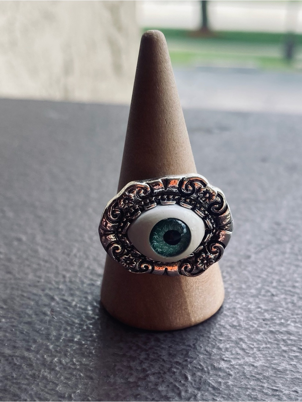 Tibetan Silver Green Eyed Adjustable Statement Ring